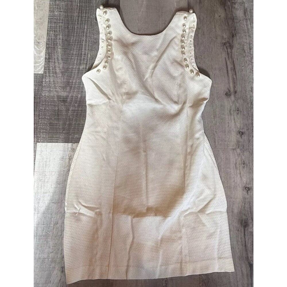 Entro Tank Dress Womens Large White Beaded Trim Sleeveless Round Neck Back Zip